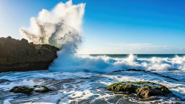 Powerful ocean wave crashing against rocky shoreline under bright blue sky