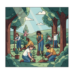 Diverse group of people planting trees environmental conservation community volunteering illustratio