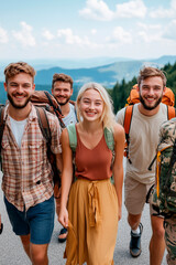 group of young people trekking equipped with camping gear