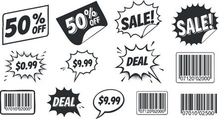 A collection of sale and discount tags featuring phrases like '50% Off', 'Deal', and price labels in black and white vector style, ideal for retail marketing and advertising.