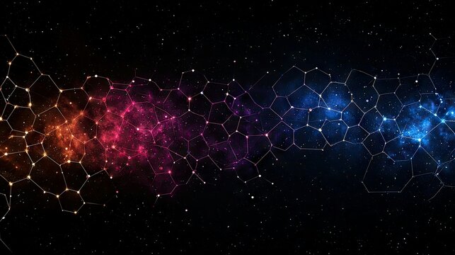An abstract image of a network structure with a colorful galaxy background, representing connection and data flow in space. - Powered by Adobe