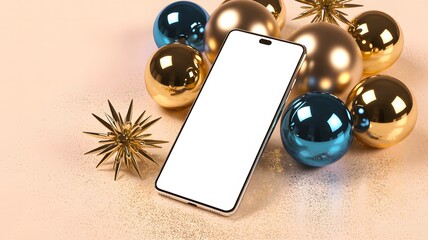 Modern smartphone with blank screen surrounded by festive golden and blue easter eggs and spiky ornaments