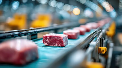 Fresh Meat Cuts on Conveyor Belt in Food Processing Plant
