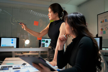Businesswomen developing marketing strategy on glass board