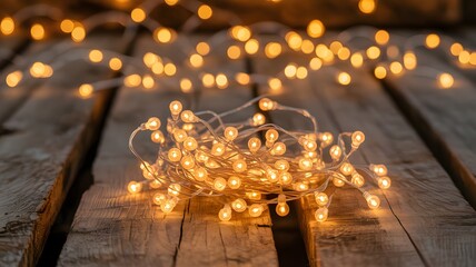 Warm glowing fairy lights coiled on rustic wooden planks with bokeh background