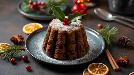 Traditional christmas pudding decorated with holly and dusted with powdered sugar on a plate
