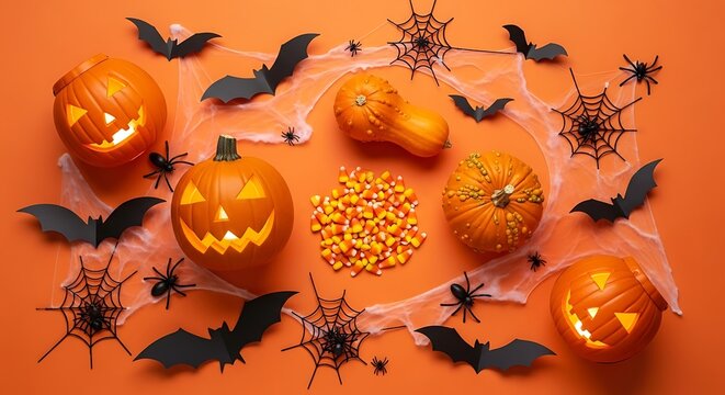 Spooky halloween setup with glowing pumpkins, bats, and candy corn