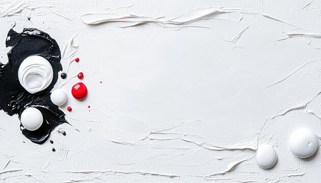 An abstract painting featuring black, white, and red paint elements on a textured white background. The composition includes swirling and droplet shapes, creati