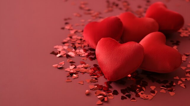 Soft plush red hearts scattered with glittering confetti on a muted red background