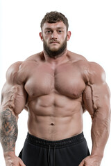Fototapeta premium Muscular man bodybuilder shirtless upper body front portrait strong tattoo athletic fitness serious expression Muscular man with tattooed arm and serious expression shirtless bodybuilder showing