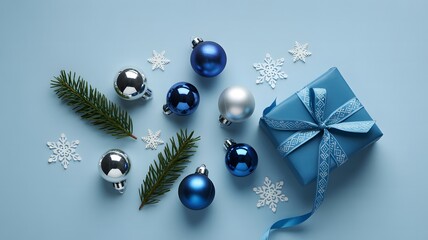 Festive christmas ornaments pine branches and a wrapped gift arranged on a light blue background