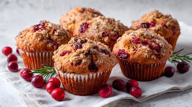 Delicious cranberry muffins with streusel topping on a white cloth