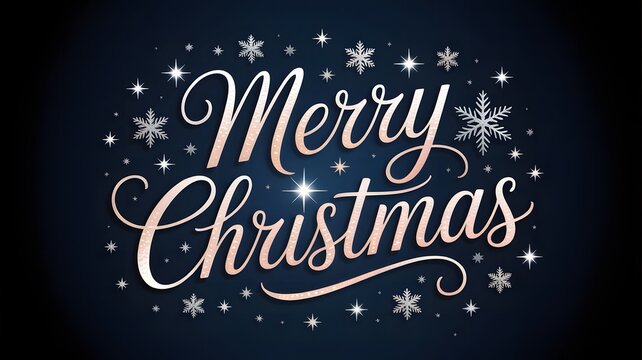 Elegant merry Christmas greeting with sparkling snowflakes and stars on a dark blue background