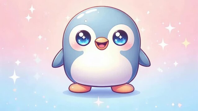 Dreamy pastel penguin hops gently with sparkles and glowing adorable charm.