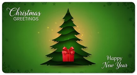 Holiday greeting card with festive christmas tree and red gift