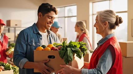 Volunteers Distributing Fresh Food Produce in Boxes at Charity