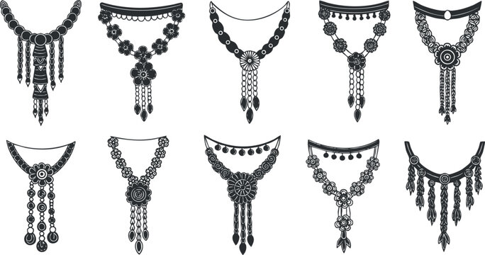A collection of ten intricately designed necklaces in black and white vector style, ideal for fashion and jewelry design projects