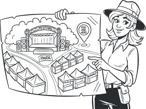 A woman holding a festival map featuring a stage and tents in black and white outline vector style, ideal for event planning and promotional materials