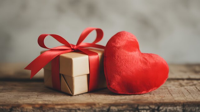 A beautifully wrapped gift box with a red ribbon next to a plush red heart on a rustic wooden surface
