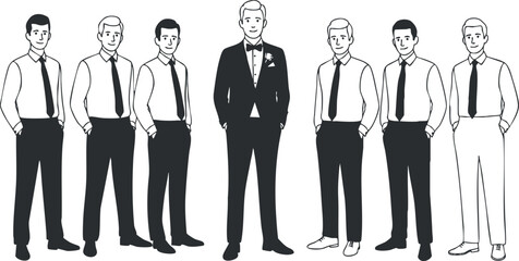 A collection of men in formal suits, including a groom in tuxedo, illustrated in black and white vector style, suitable for wedding invitations and event design