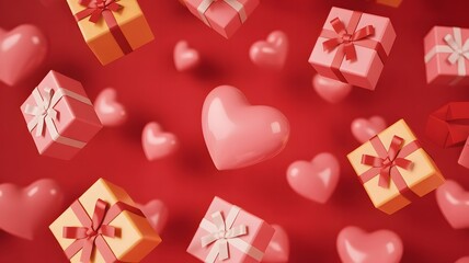 A vibrant arrangement of pink heart shapes and gift boxes scattered across a rich red background