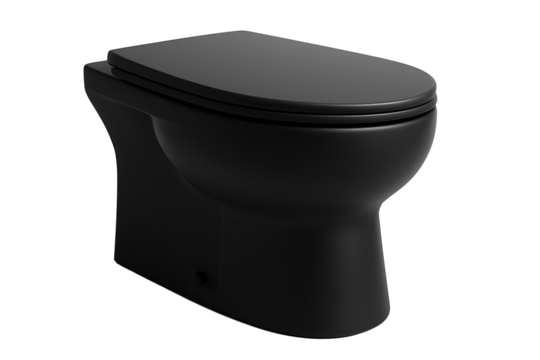 Modern black ceramic toilet isolated on dark background, contemporary bathroom fixture design concept