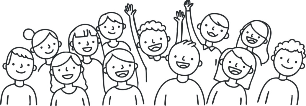 A group of diverse smiling people with cheerful expressions in black and white outline style, ideal for community and social themes
