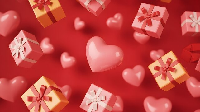 A vibrant arrangement of pink heart shapes and gift boxes scattered across a rich red background