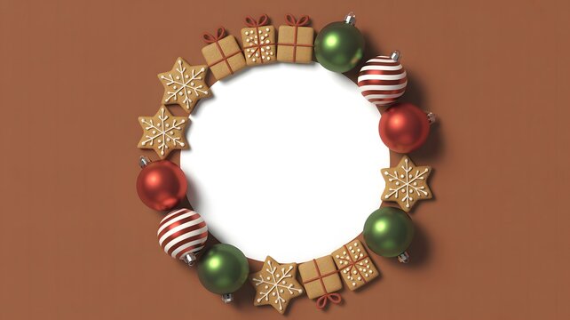 Oval shaped Christmas wreath frame with festive ornaments and small gift boxes on brown background