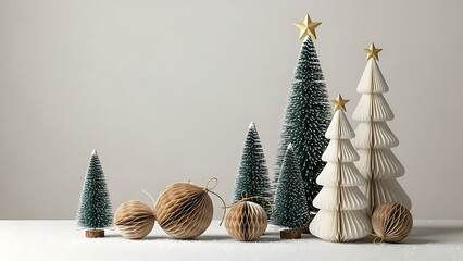 Miniature Christmas trees and decorative holiday ornaments