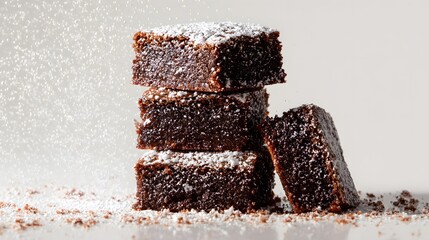 Delicious chocolate brownies dusted with powdered sugar, stacked and ready to eat