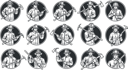 A collection of firefighter illustrations featuring heroes in black and white vector style, suitable for emergency services branding