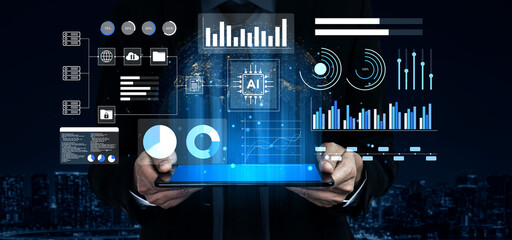 A businessman displays a tablet with vibrant digital data visualizations and AI graphics, showcasing modern technology in a dynamic urban environment. Gantry