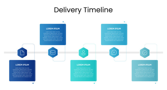 Simple timeline graphic showing delivery steps or stages. Horizontal layout with clear labels. Useful for shipping, logistics, or project planning. Easy to edit and customize.
