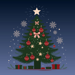 A Christmas tree with presents under it, against a background of a night sky and stars. Vector illustration.