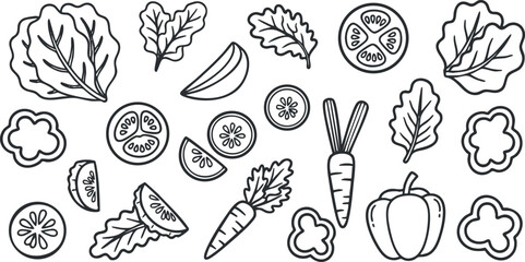 A collection of various vegetables including lettuce, tomatoes, carrots, and peppers in black outline vector style, ideal for healthy eating concepts