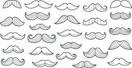 A collection of various mustache designs in black outline vector style, suitable for grooming branding or creative projects