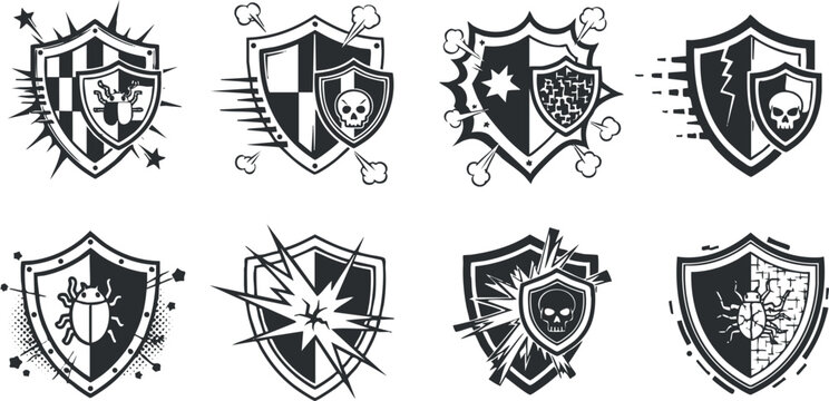 A collection of eight shield emblems featuring skulls, bursts, and various designs in black and white vector style, ideal for security branding and graphic design