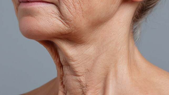 Close up neck wrinkle mature woman aging skin fine lines realistic texture clinical detail natural complexion elderly beauty health calm expression