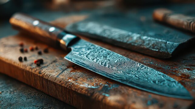 Exquisite Chef Knife on Rustic Wooden Cutting Board with Spices