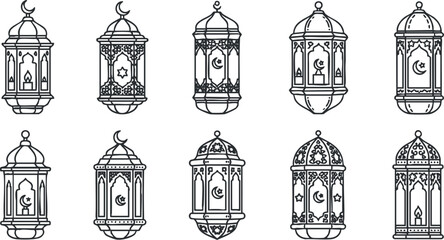 A collection of decorative lanterns in intricate outline vector style, suitable for cultural events and festive designs