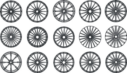 Fototapeta premium A collection of circular wheels with spokes in black and white outline vector style, perfect for transportation-themed designs