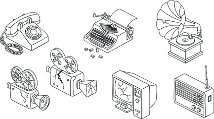 A collection of vintage electronics including a telephone, typewriter, fan, gramophone, camera, and television in minimalist black and white vector style, suitable for retro-themed design projects