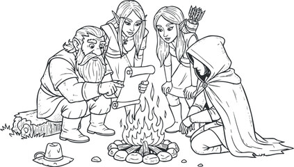 Obraz premium A group of fantasy characters including a dwarf and elves gathered around a campfire in black and white lineart style, ideal for storytelling and adventure illustrations