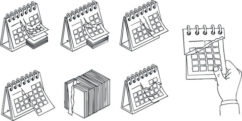 A collection of hand-drawn calendars showing various dates and a hand marking a date in black and white minimalist vector style, ideal for time management and organizational projects