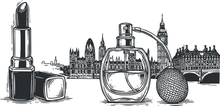 A collection of lipstick and perfume bottle with London skyline in black and white outline vector style, ideal for beauty branding and fashion projects