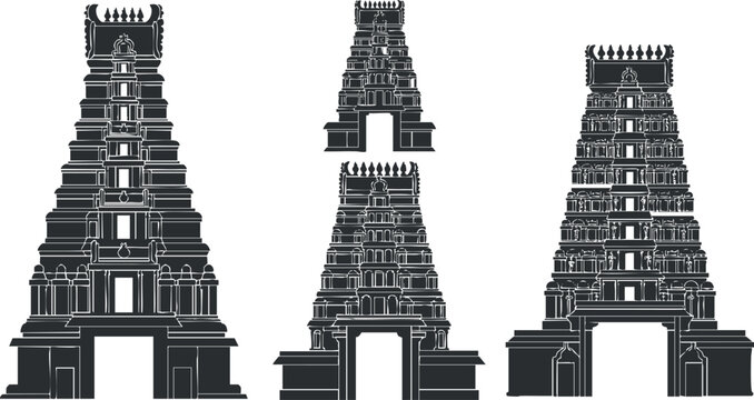 A collection of Hindu temple illustrations in black vector style, ideal for cultural design projects and architectural concepts