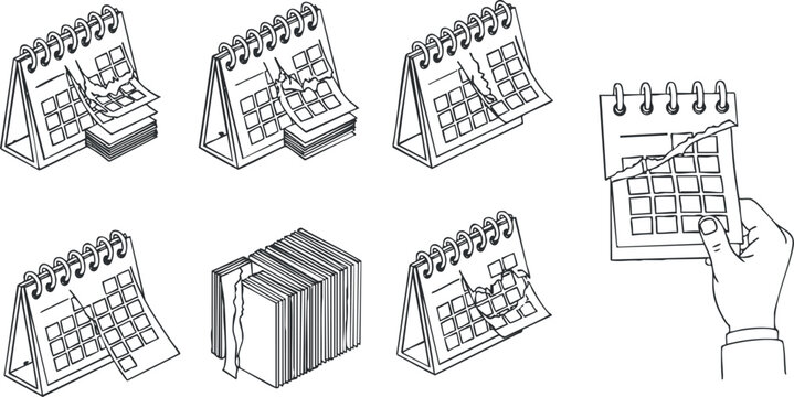 A collection of hand-drawn calendars showing various dates and a hand marking a date in black and white minimalist vector style, ideal for time management and organizational projects - Powered by Adobe