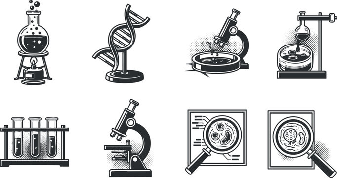 A set of science and laboratory icons including a flask, microscope, DNA helix, and test tubes in black and white vintage vector style, perfect for educational materials and scientific publications