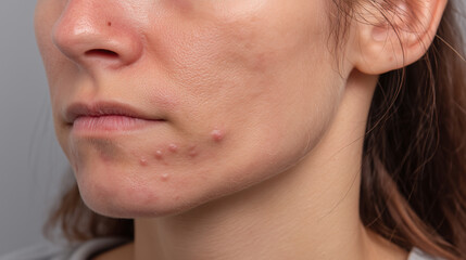 Obraz premium Macro shot of inflamed red acne spots along jawline, showing irritated skin texture, blemishes, and mild scarring on young adult female face